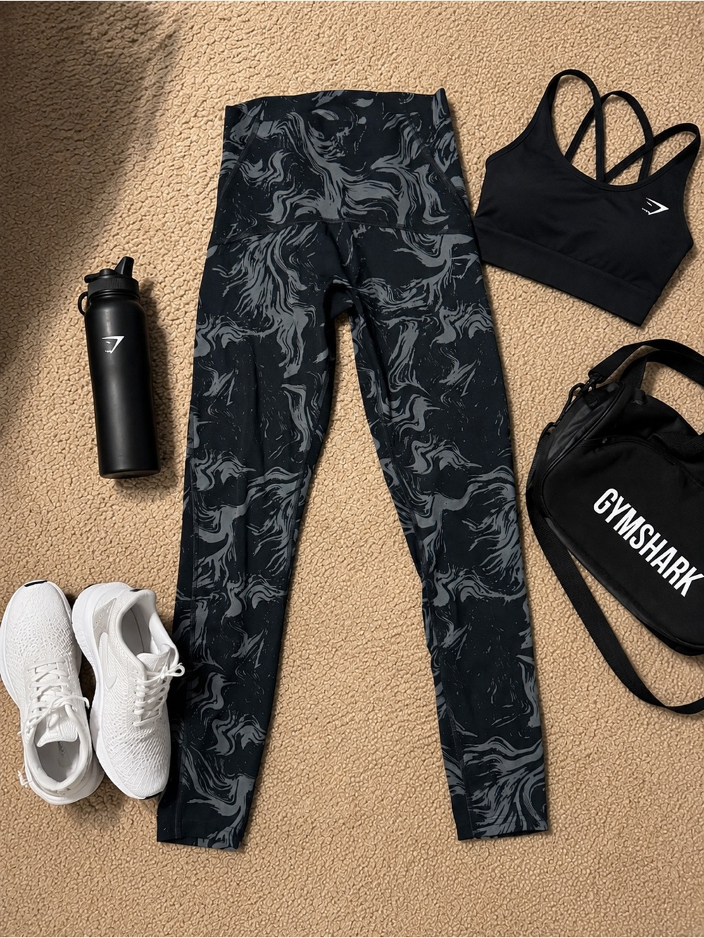 Gymshark Black & Charcoal Marble-Print High-Rise Leggings